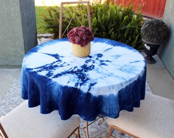 Teinte à la main, shibori, indigo, petite nappe ronde, tie-dye, bleu, napperon, rond, rayonne, bohème, tapisserie,