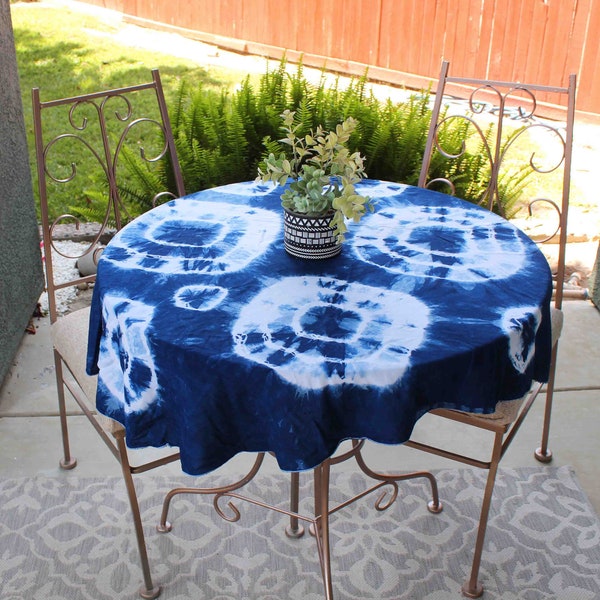 Hand Dyed, Indigo, Round-ish Tablecloth, Shibori, Rayon, Table Cover, Small Table Cloth, Tapestry, Tie Dye, Boho, Blue, Round,