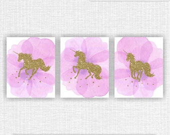 Set of 3 Gold Glitter Unicorn Print Pink Girls Bedroom Nursery Wall Art Decor