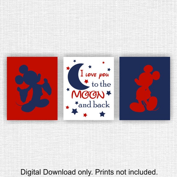 Instant Download Disney Mickey Mouse Room Decor I Love You To The Moon And Back Mickey Wall Decor Disney Silhouette Art Set Of 3 8x10