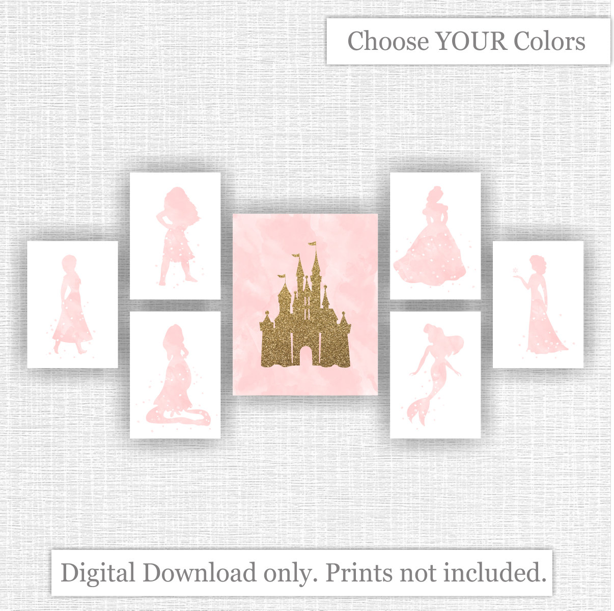 Download 11x14 1 And 8x10 6 Instant Download Disney Castle Gold Glitter And Princess Lavender Watercolor Silhouette Baby Girl Wall Decor Set Of 7 Art Collectibles Prints Seasonalliving Com