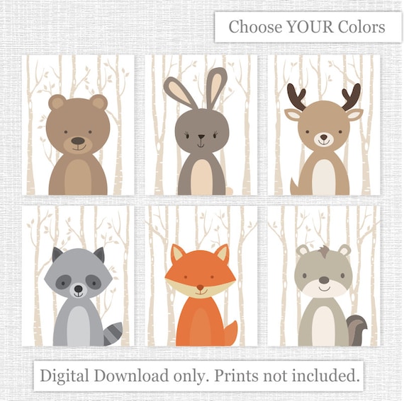 Instant Télécharger Forêt Animaux Chambre Bebe A Imprimer Renard Fauve Ours Raton Laveur Lapin Chipmunk Ensemble De 6 8 X 10 Woodland Animaux