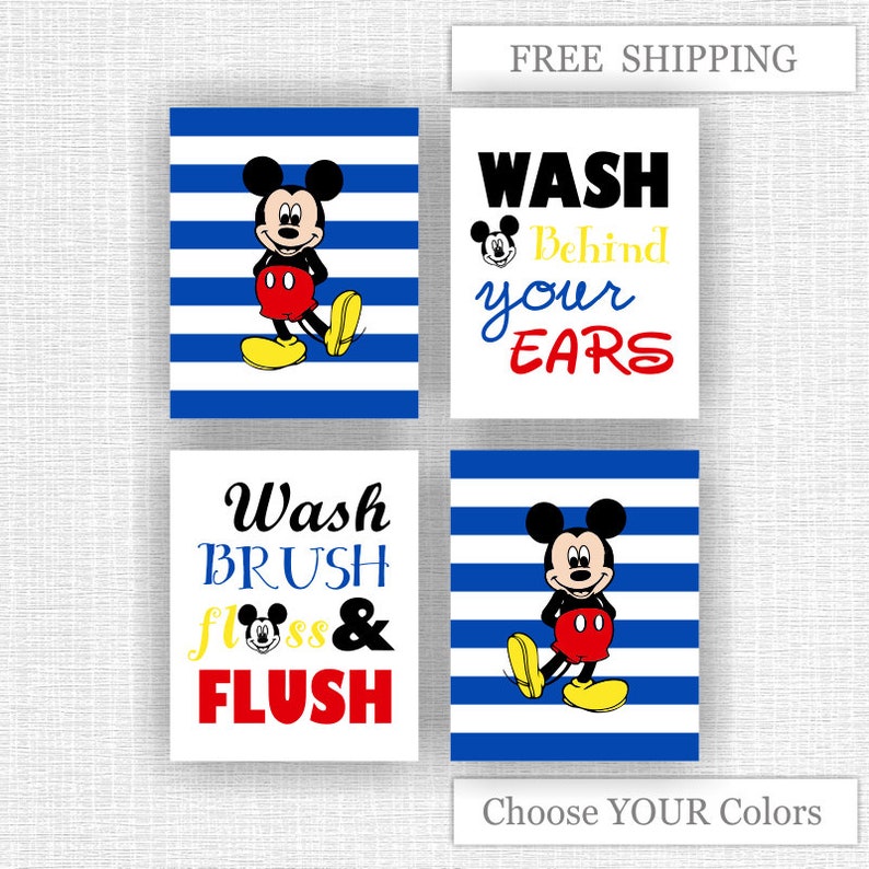 Mickey Mouse boy bathroom Wall Art decor prints Set of 4/Wash Etsy