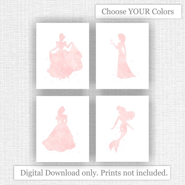 INSTANT DOWNLOAD pétale rose Aquarel Disney Princess Silhouette girl Room Room Wall art décor Prints Set of 4, 8x10