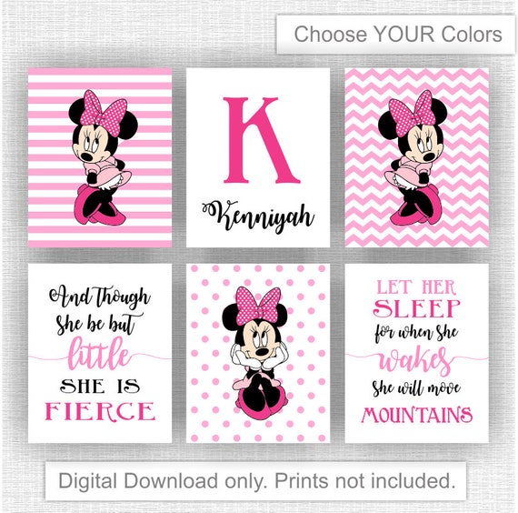 Instant Download Black And Hot Pink Minnie Mouse Room Decor Art Set Of 6 8x10 Though She Be But Little She Is Fierce Girl Name Wall Decor