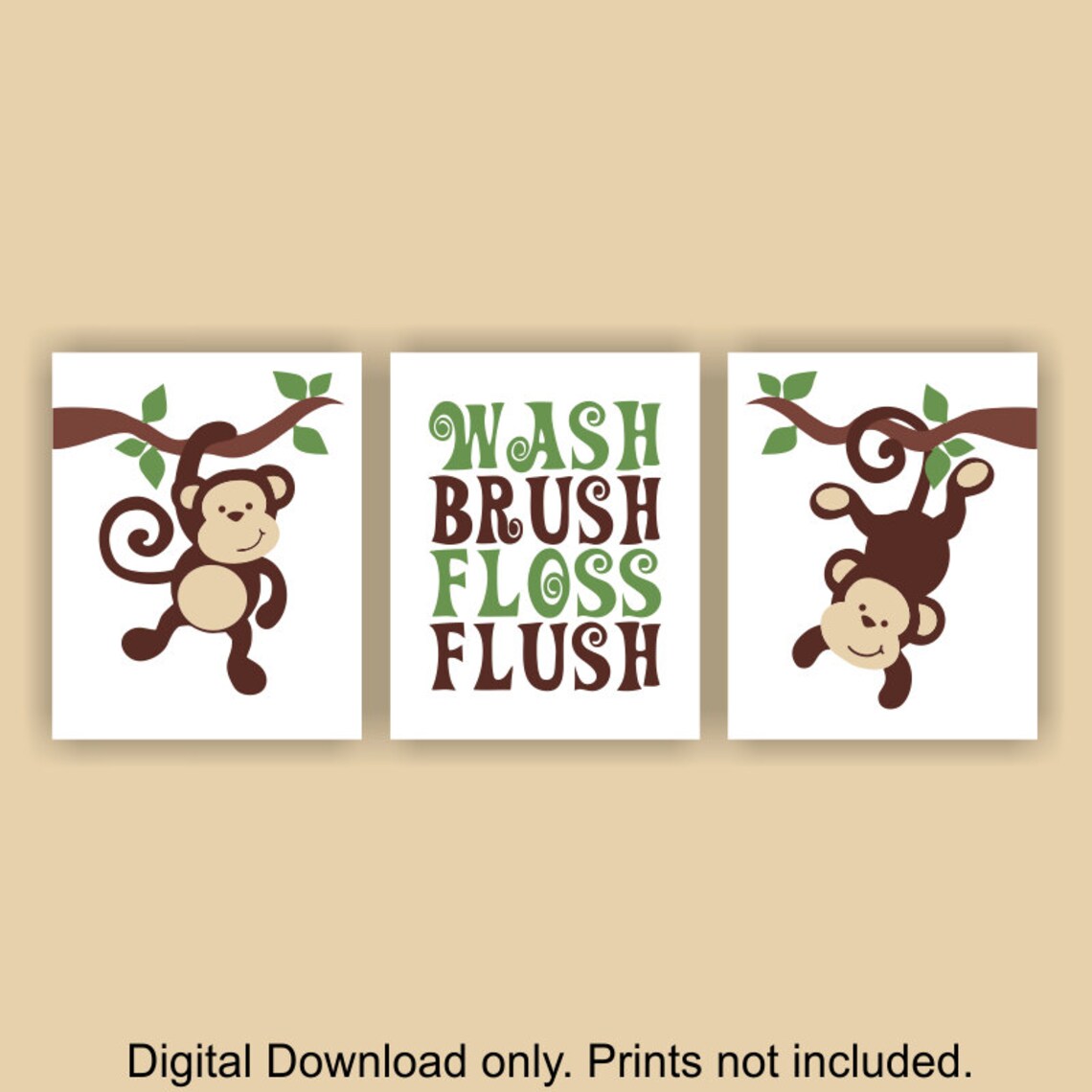 INSTANT DOWNLOAD Monkey wall decor prints Wash Brush Floss Etsy