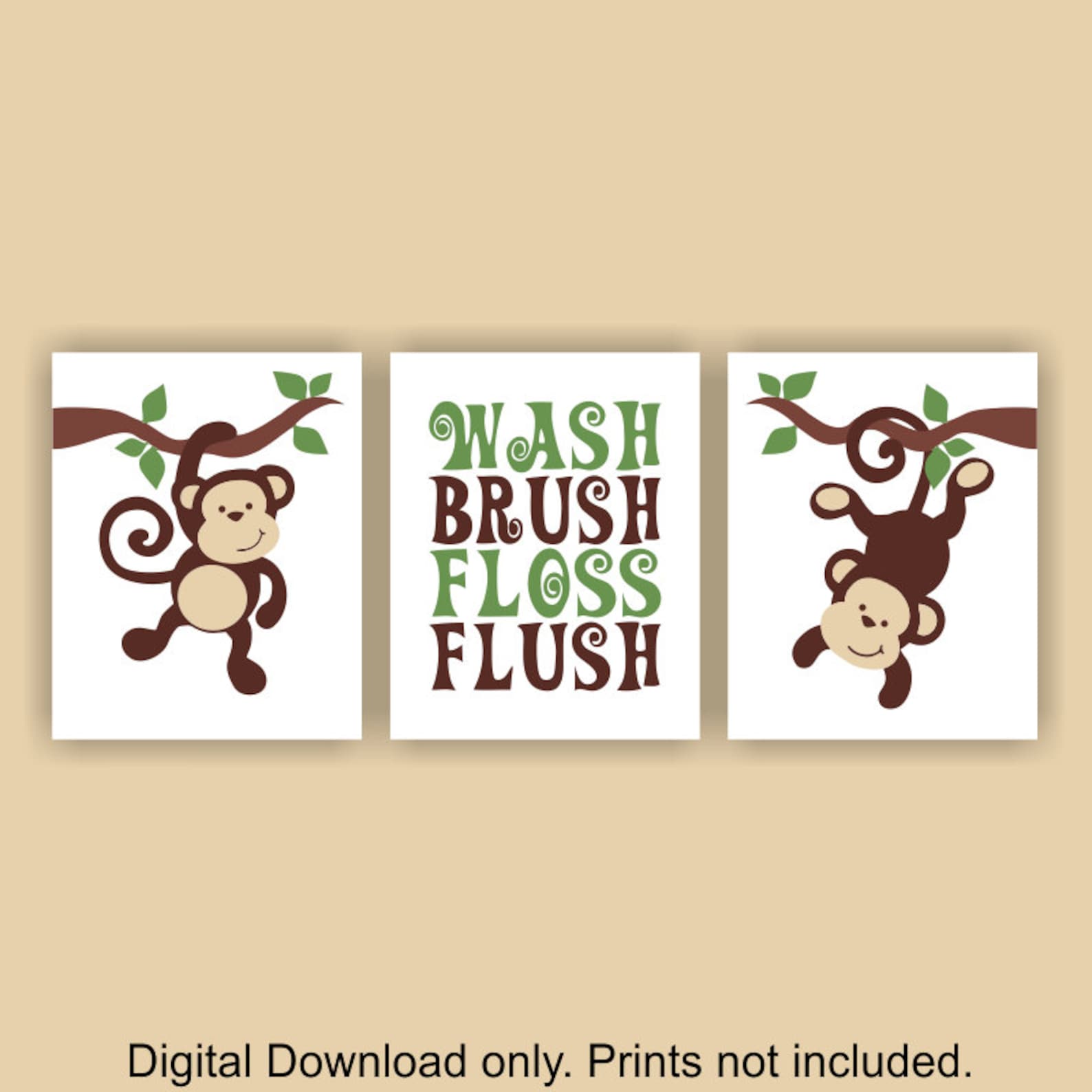 INSTANT DOWNLOAD Monkey wall decor prints Wash Brush Floss Etsy