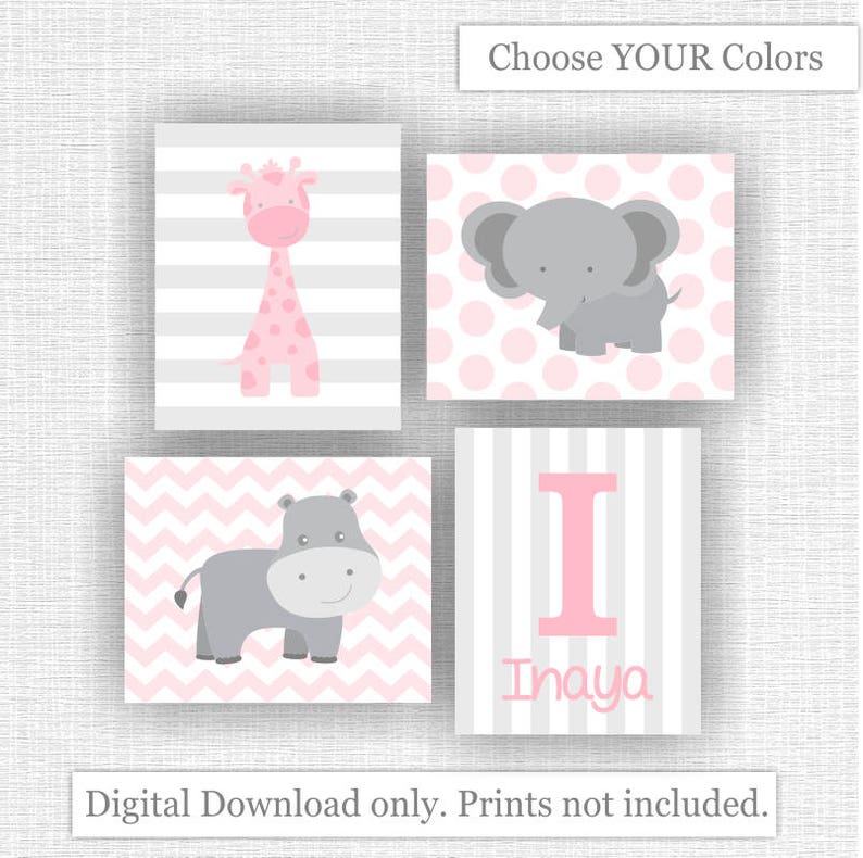 Animals Chevron Hippo Name Animals Set of 4 8x10 Giraffe Elephant INSTANT DOWNLOAD Pink and Gray Baby Girl Nursery Jungle Animals