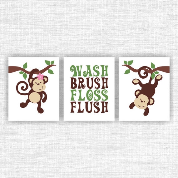 Instant Download Monkey Bathroom Wall Decor Wash Brush Floss Etsy