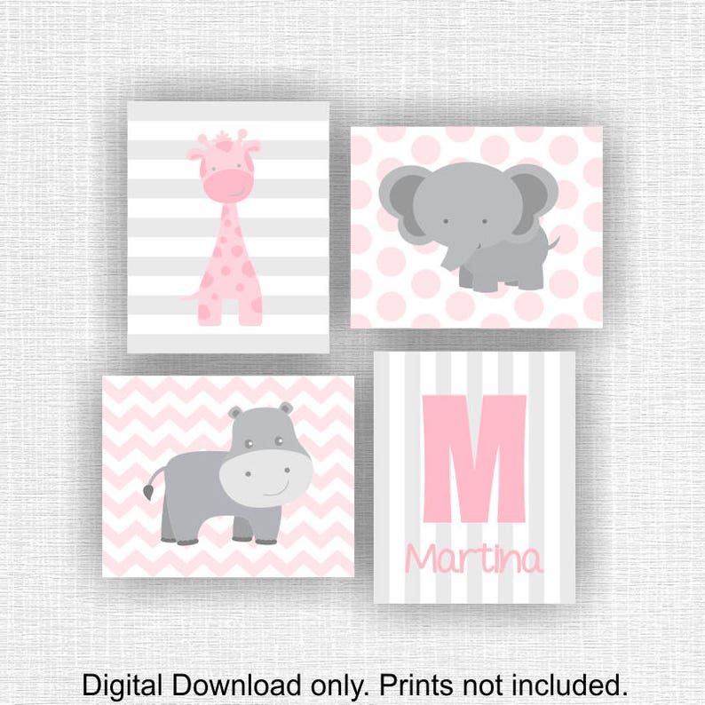 Animals Chevron Hippo Name Animals Set of 4 8x10 Giraffe Elephant INSTANT DOWNLOAD Pink and Gray Baby Girl Nursery Jungle Animals
