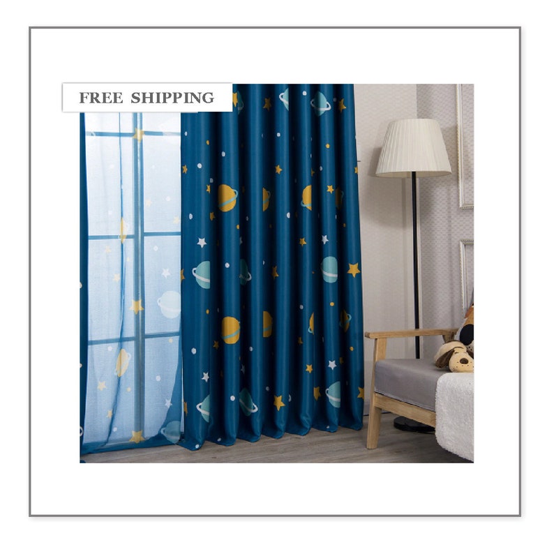CURTAIN PANEL Fabric Navy space planet theme Children Blackout curtains for room bedroom kids boys custom made