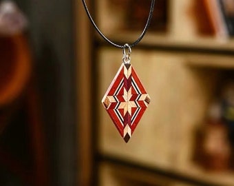 yosegi zaiku Handmade red cross diamond shape leather necklace pendant  jewellry