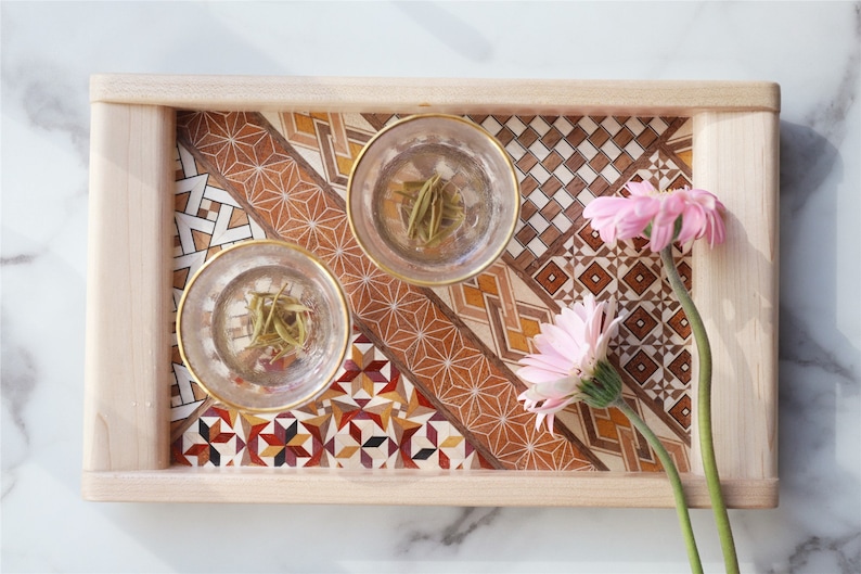 Handmade Rock Maple Wooden Tea Tray Classic Yosegi Pattern Japanese Yosegi Zaiku Maqrquetry Style/Serving Tray/Gongfu tea trays image 1