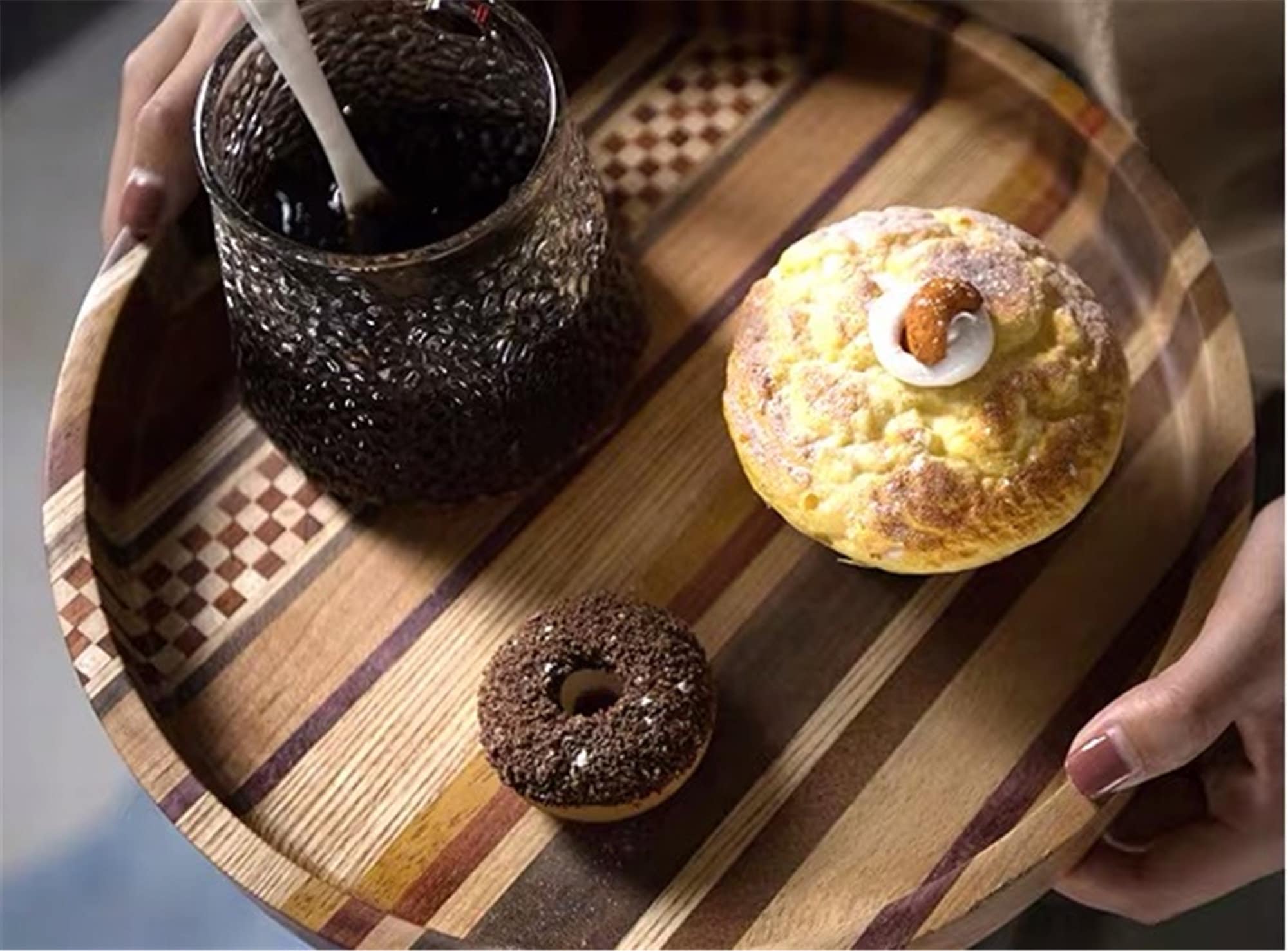 Plateau de Service Rond en Bois Fait à La Main Japonais Yosegi Zaiku/Décoration Intérieure Cadeau Ma