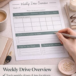 May include: A printed weekly drive overview planner with sections for major drives, locations, weekend activities, and prep needs. The planner is on a light-coloured surface, with a pen, coffee, and accessories nearby.