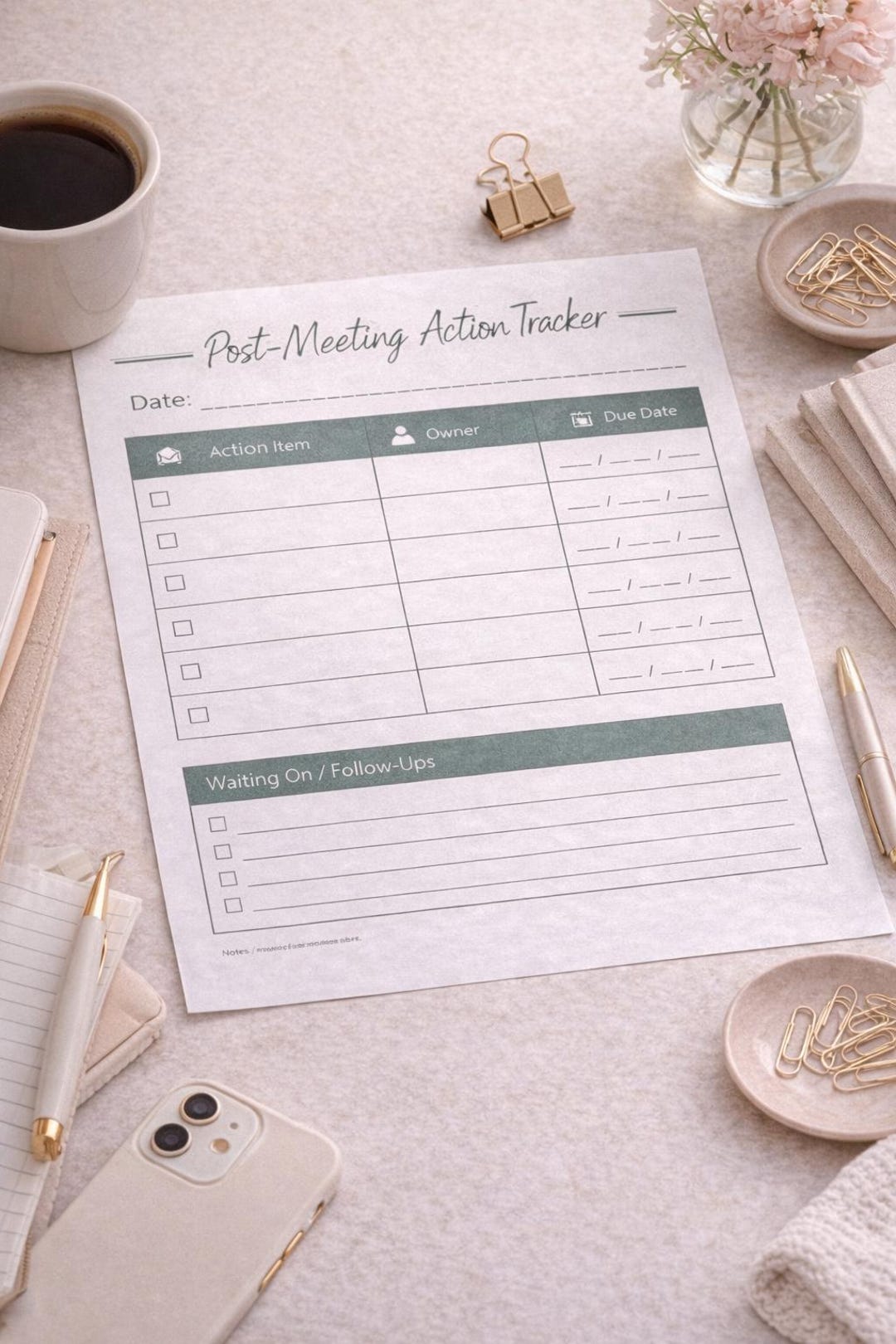 Post-meeting Action Tracker Printable | Follow-up Sheet (PDF Download ...