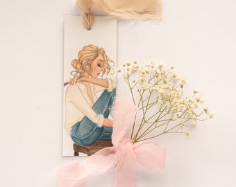 Blonde Painter Girl Bookmark, Watercolor Illustrated Bookmark, Book reading, Book Lovers Small Gift