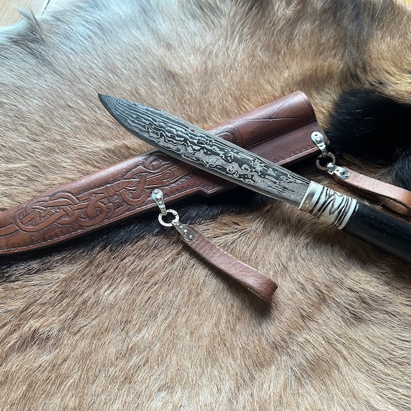 Damascus knife Steel Hand-Forged blade; Stag Horn, sterling silver, Slavic, Viking, Medieval; for historical reenactors and collectors