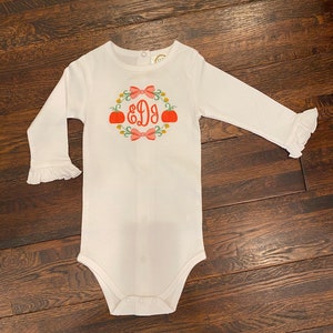 Girls Pumpkin wreath Monogram Long sleeve Onesie
