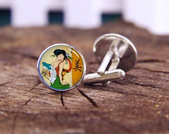 Vintage Geisha Cufflinks, Geisha Cuff Links, Japanese Culture, Geisha Tie Clip, Custom Wedding Cufflinks, Groom cufflink, Vintage Cuff Links