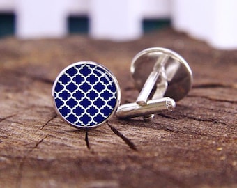 Moroccan Quatrefoil Cufflinks, Navy Blue White Cufflinks, Quatrefoil Cuff Links, Custom Wedding Cufflinks, Groom Cufflinks, Tie Clips Or Set
