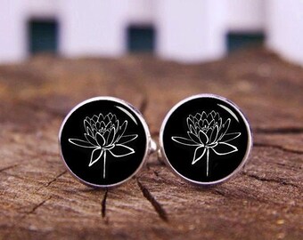 Lotus Flower Cufflinks, Buddhist Holy, Lotus Cufflinks, Custom Flower Cufflinks, Custom Wedding Cufflinks, Groom Cufflinks, Tie Bars, Or Set