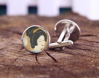 japanese vintage beauty geisha cufflinks, cool cufflinks, geisha cuff links, custom wedding cufflinks, groom cufflinks, tie bars or set