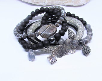 Armband Set Perlen 5 Teile Grau Schwarz Silber Achatperle Lederband Strassperle Kristallanhänger Ornament Glitzersteine Damen Mädchen Boho