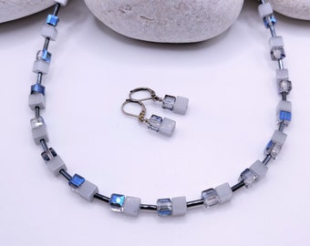 Kristallwürfel Schmuckset Katzenauge Würfelperlen Kette Ohrringe Grau Silber Set Collier Ohrhänger Würfel Damen Geschenk