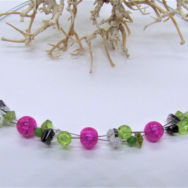 Necklace-Glass beads and gemstone splinter crystal Turmalinquarz hematite Pink Green LULUCHICDE