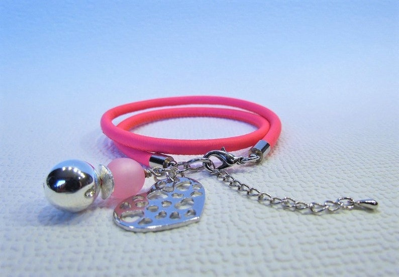 Armband Neonpink Rosa Pink Herz Nappaleder Perlen Polaris Rosa Mädchen Geburtstagsgeschenk Kindergeburtstag Einschulung Schuleinführung Bild 2