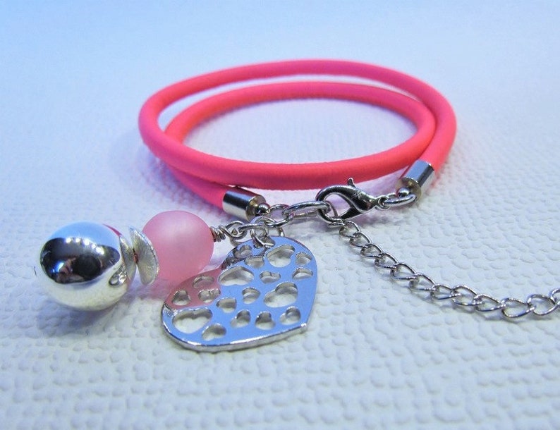 Bracelet Neonpink Pink Pink Heart Nappa leather beads Polaris Pink girl birthday gift children's birthday school introduction image 1