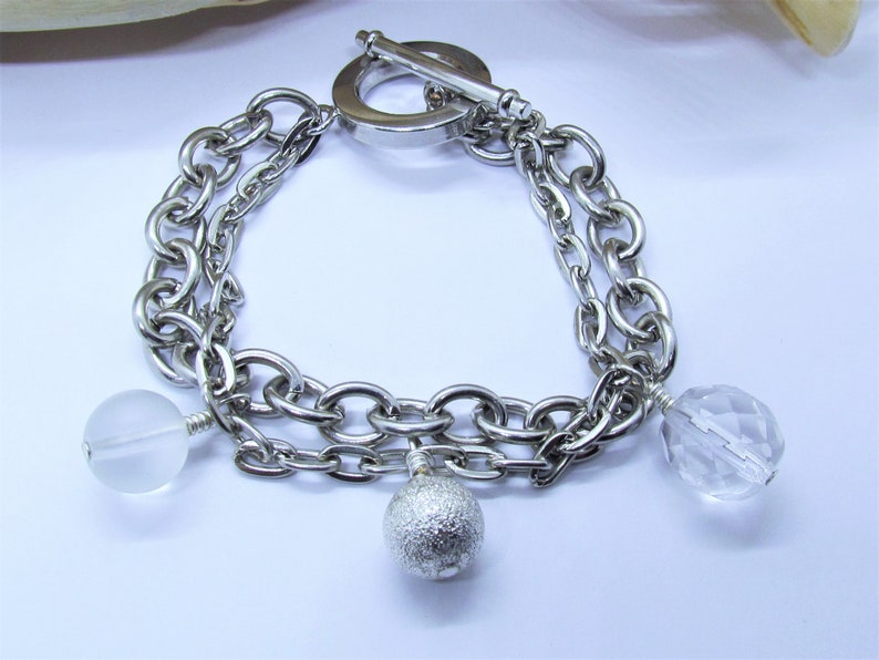 Armband Zweifach mit Perlen Gliederarmband Stardust Frost Kristall Glas silber glänzend Charm-Armband Charm luluchic Bild 2