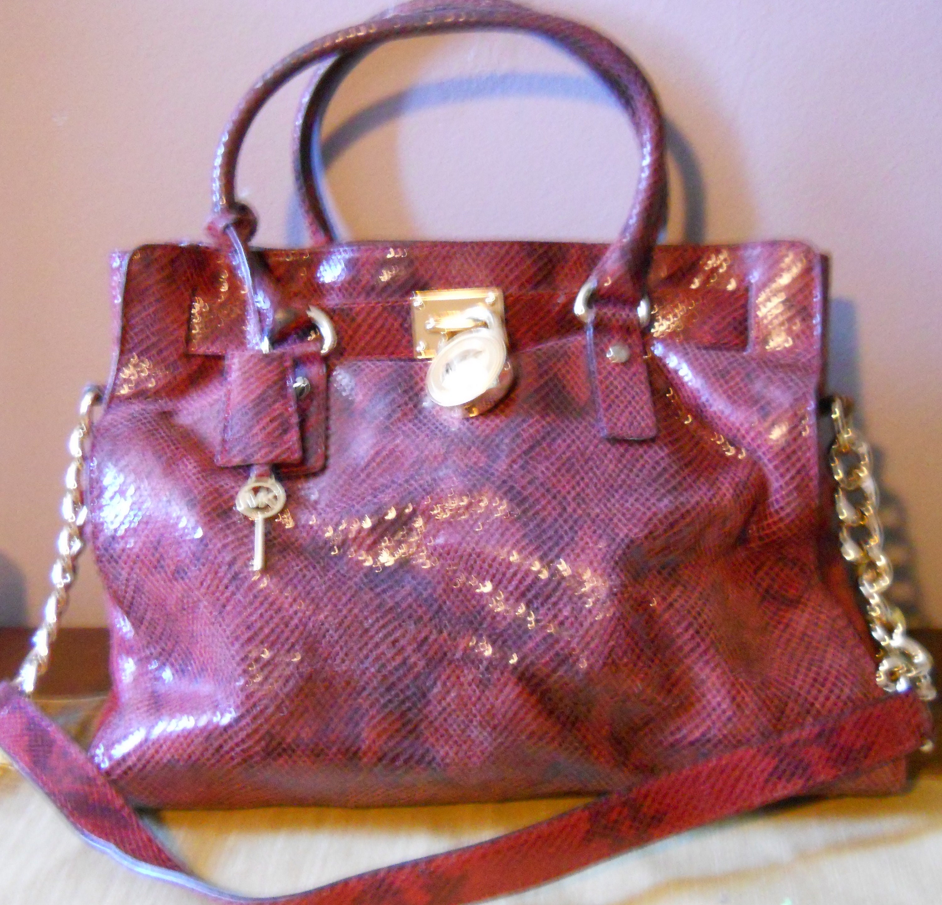 Michael Kors Red Snake Embossed Leather Satchel Crossbody Bag