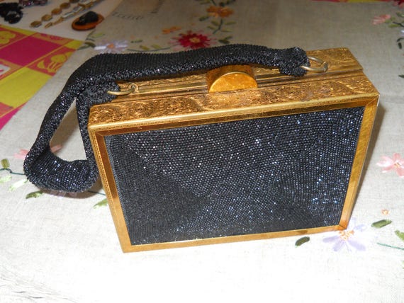 Vintage 1940s gold plated black french jet purse