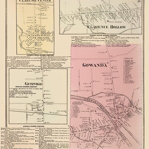 May include: A vintage map featuring detailed town layouts of Clarence Center, Clarence Hollow, Getzville, and Gowanda. The map includes street names, business directories, and geographical features, rendered in black ink on a beige background.