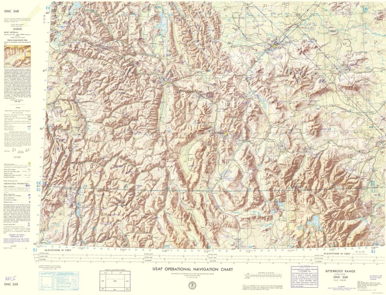 Topografisk karta - Bitterroot Range Montana Idaho Wyoming Ark - USAF 1962 - Vintage väggkonst bild 1