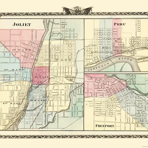 May include: An antique-style map print featuring three distinct city layouts labeled Joliet, Peru, and Freeport. The map uses pastel color-coded sections to delineate wards, with black text labels for streets, rivers, and basins, all enclosed in a decorative black border with an ornate top emblem.