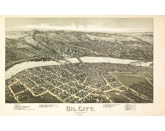 Historic Panoramic View - Oil City Pennsylvania - Fowler 1896 - Vintage Wall Art