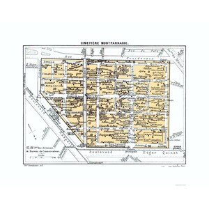 May include: A vintage black and white map of the Cimetière Montparnasse in Paris, featuring pale yellow shaded sections for burial divisions, numbered plots, and street names in French. The map includes a scale bar and text labels.