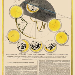 May include: An 18th-century astronomical print featuring a map of the world with a shadow path across Europe and Africa, surrounded by diagrams of solar eclipses. The text reads MEET-KONSTIGE VERTONING VAN DE GROTE EN MERKWAARDIGE ZONS-VERDUISTERING.