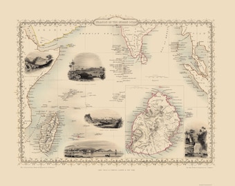 Historic Nautical Map - Indian Ocean Islands - Tallis 1851 - Vintage Wall Art