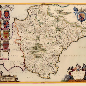 Historic Map - Devon County England - Blaeu 1646 - Vintage Wall Art