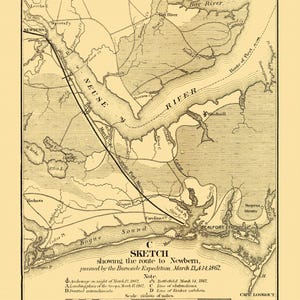 Historical Civil War Map - Newbern North Carolina Burnside Expedition Route - Foster 1866