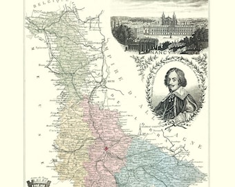 Historic Map - Meurthe et Moselle Department France - Migeon 1869 - Vintage Wall Art