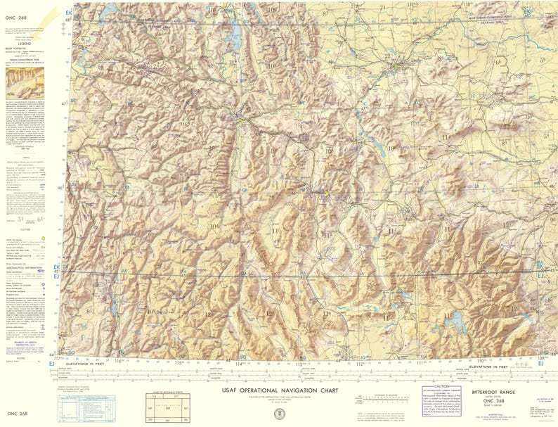 Mapa topográfico - Cordillera Bitterroot, Montana, Idaho, Wyoming - Hoja - USAF 1961 - Arte mural vintage imagen 1
