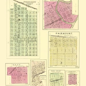 May include: A historical map print featuring six distinct town plats labeled Kickapoo, Linwood, Fairmount, Reno, Lenape, Fall Leaf, and Jarbalo. The grid layouts display street names, block numbers, and river paths in shades of green, pink, and yellow.