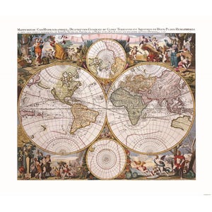 May include: An antique-style world map print titled Mappe-Monde Geo-Hydrographique, featuring two large circular hemispheres, two smaller polar circles, and detailed cartography surrounded by colorful illustrations of figures and landscapes.