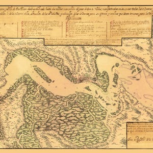 May include: A historical map of the San Juan harbor area, rendered in sepia tones on aged paper. The detailed cartographic illustration features intricate ink lines depicting coastlines, islands, and vegetation, with extensive Spanish text blocks.