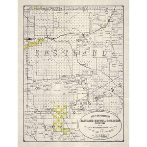 May include: A vintage black and white map of Eastland, Brown, and Comanche counties in Texas, featuring grid lines, land parcel divisions, and specific areas highlighted in yellow. The title reads Map of Portions of Eastland, Brown and Comanche Counties.